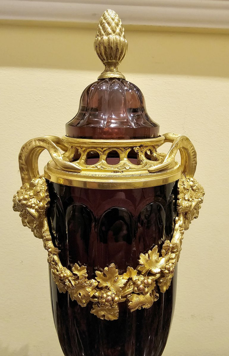 Potpourri Vase Verre Couleur améthyste Louis XVI H. 32 cm bronze doré-photo-5