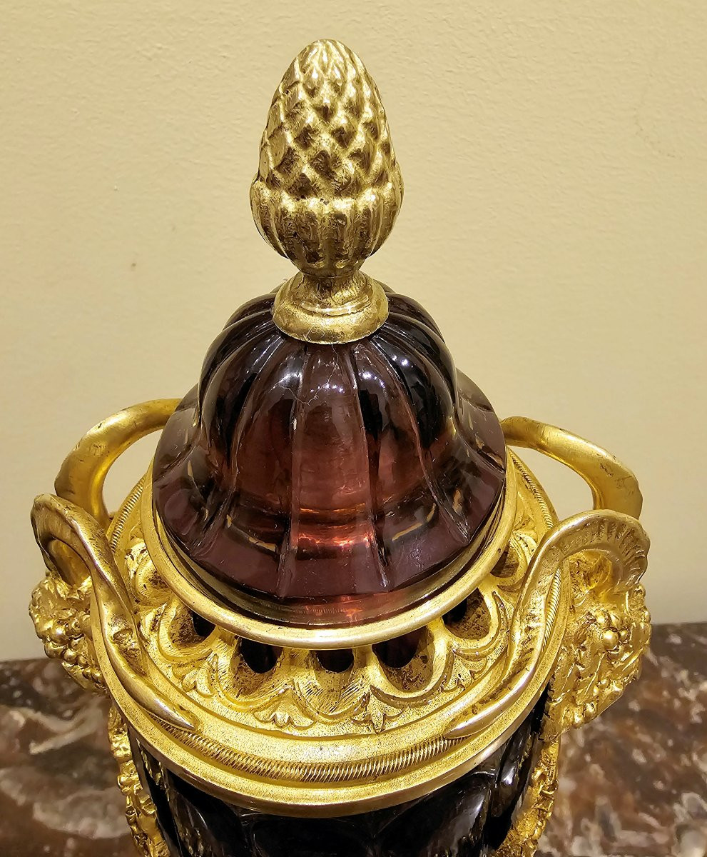 Potpourri Vase Verre Couleur améthyste Louis XVI H. 32 cm bronze doré-photo-7
