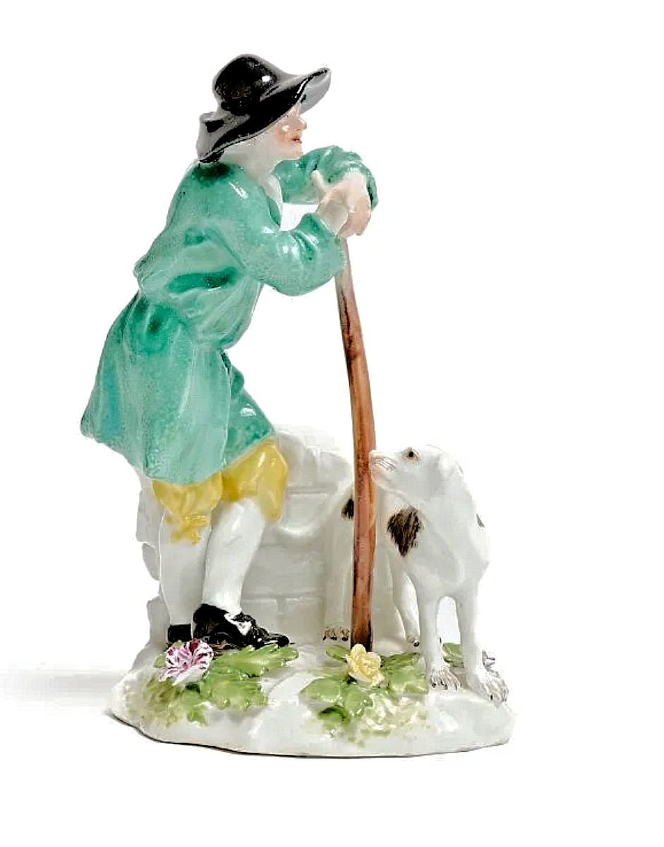 Meissen Porcelain Shepherd With Dog Circa 1750 Crossed Swords Mark 