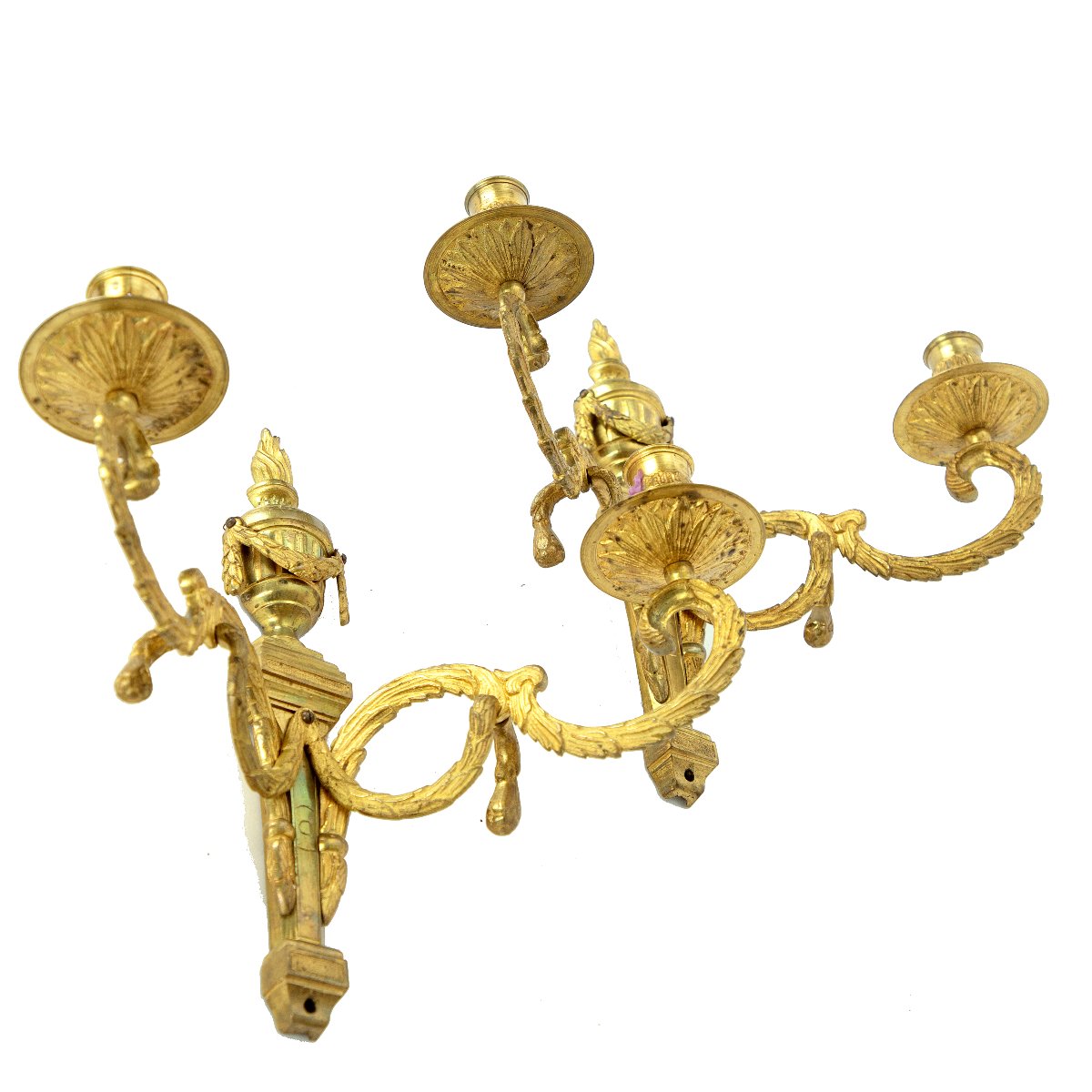 Louis XVI Style Swedish Wall Sconces, Circa 1790. Height 28 Cm, Width 28 Cm. Gilt Bronze. -photo-3