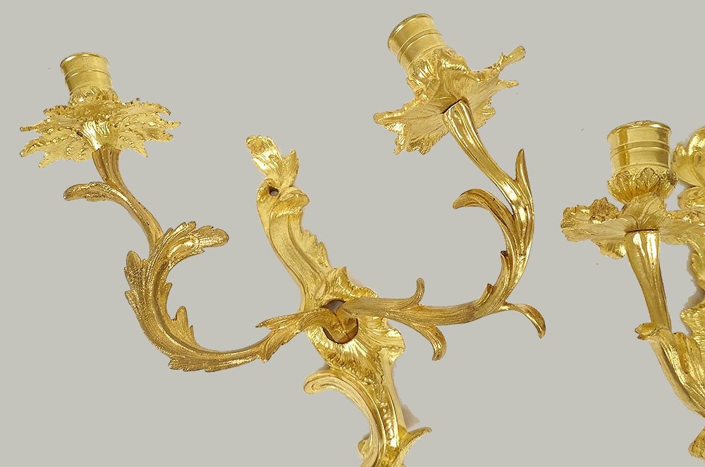 Pair Of Very Large Two-flame Wall Sconces; “c Couronné” Hallmarks, 1745–1749, Louis XV-photo-2