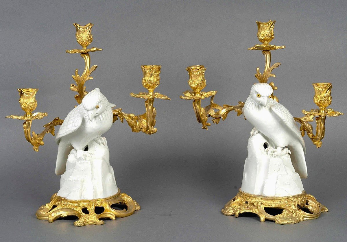 Pair Of Candelabra With Birds Of Prey, Japanese Porcelain, French Base, Louis XV Style, H. 37.5 Cm-photo-3