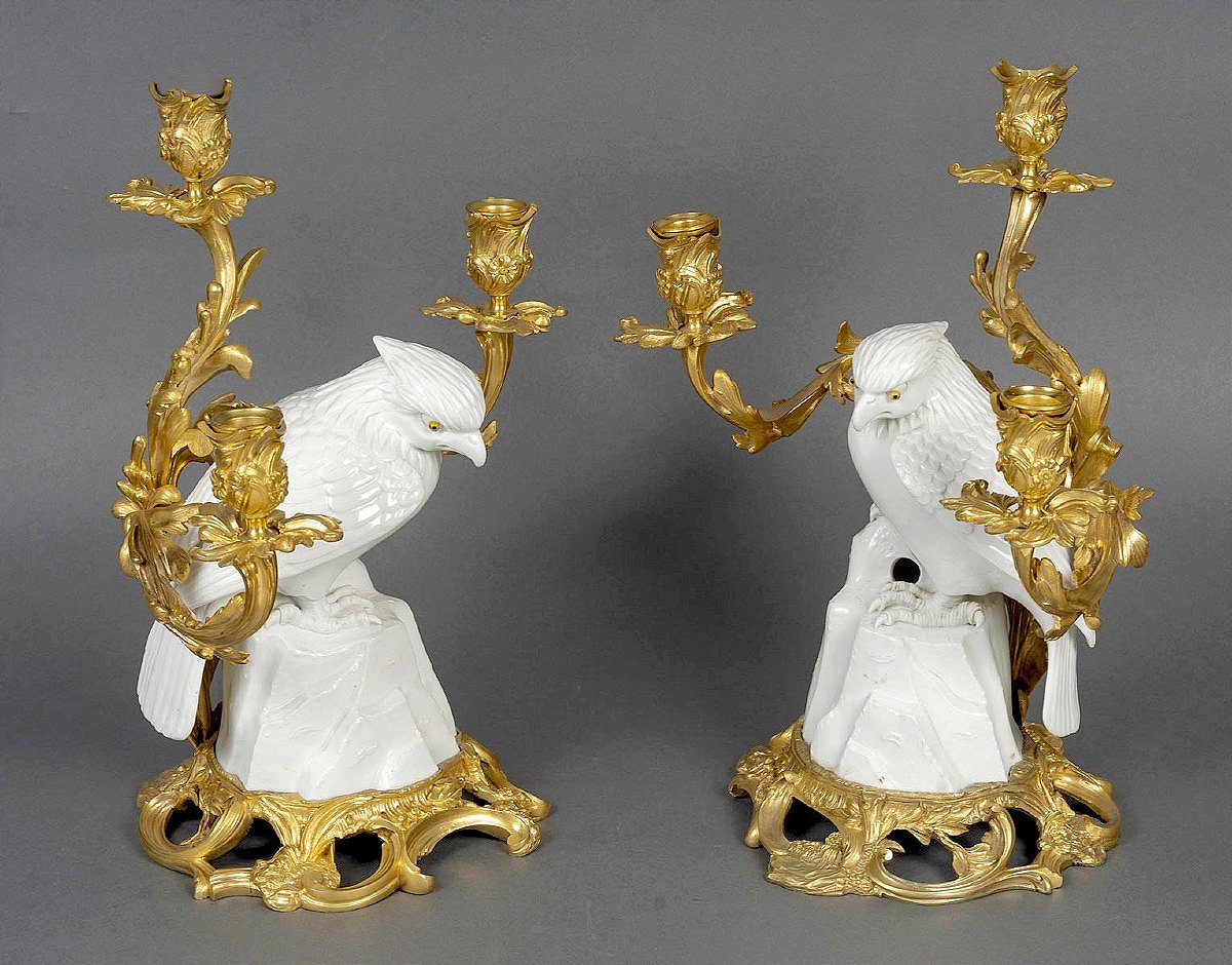 Pair Of Candelabra With Birds Of Prey, Japanese Porcelain, French Base, Louis XV Style, H. 37.5 Cm-photo-4