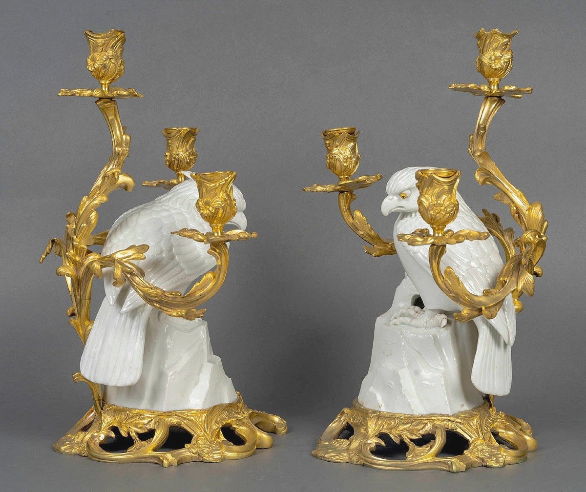 Pair Of Candelabra With Birds Of Prey, Japanese Porcelain, French Base, Louis XV Style, H. 37.5 Cm-photo-1