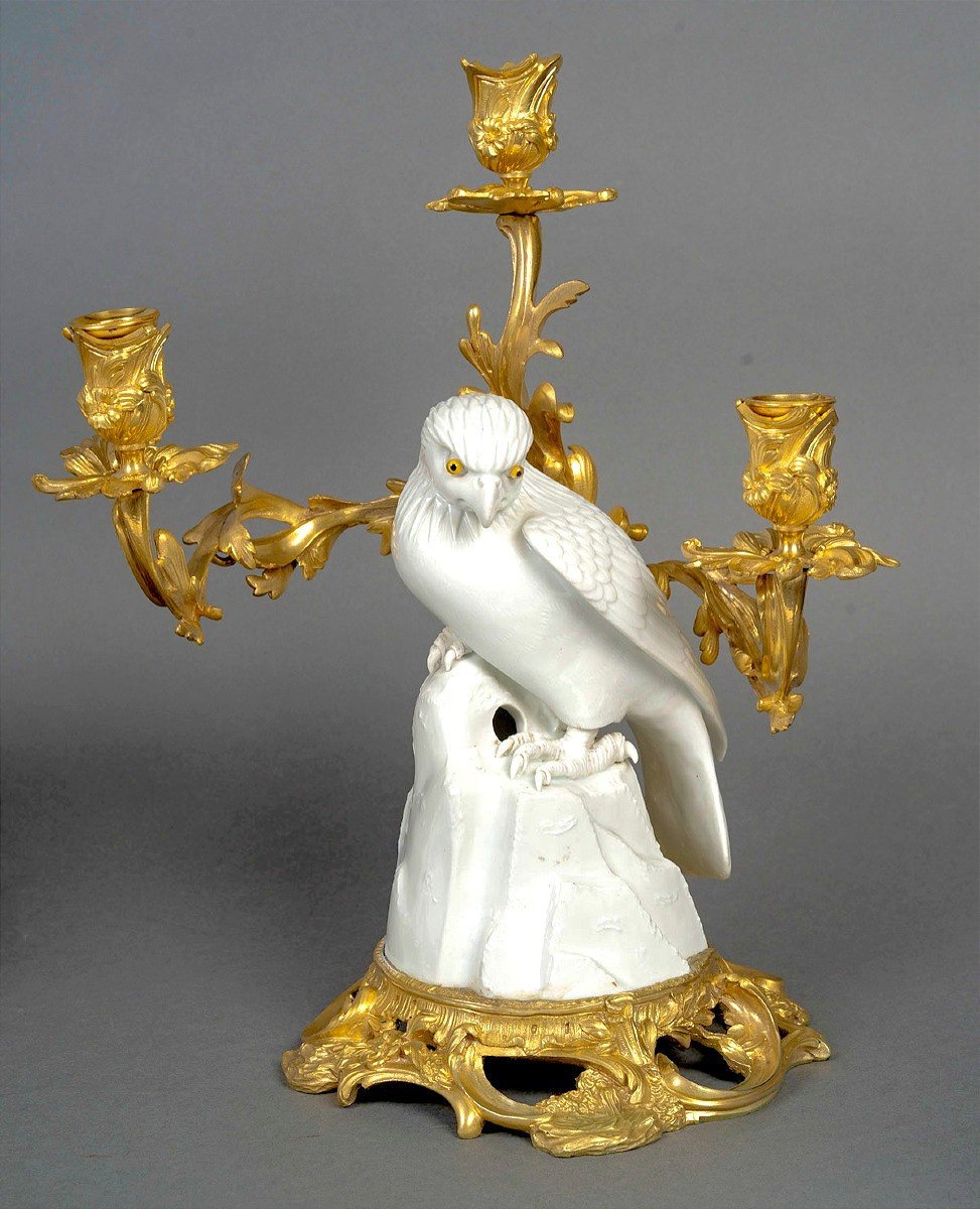 Pair Of Candelabra With Birds Of Prey, Japanese Porcelain, French Base, Louis XV Style, H. 37.5 Cm-photo-2