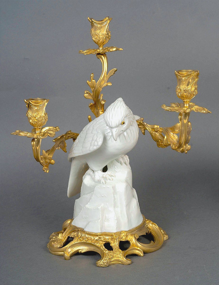Pair Of Candelabra With Birds Of Prey, Japanese Porcelain, French Base, Louis XV Style, H. 37.5 Cm-photo-3