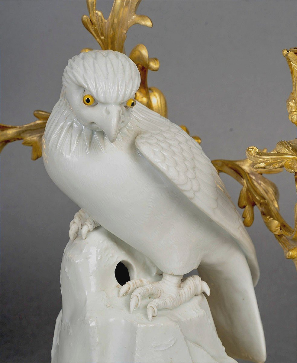 Pair Of Candelabra With Birds Of Prey, Japanese Porcelain, French Base, Louis XV Style, H. 37.5 Cm-photo-4