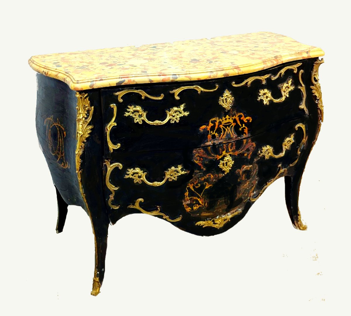 Commode Louis XV vers 1750 Laque noire avec armoiries nobiliaires dans un cartouche-photo-2