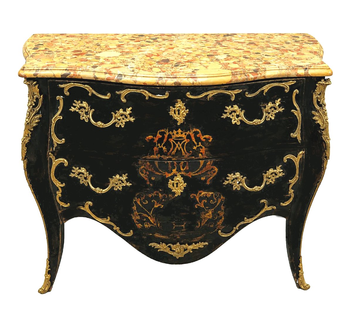 Commode Louis XV vers 1750 Laque noire avec armoiries nobiliaires dans un cartouche