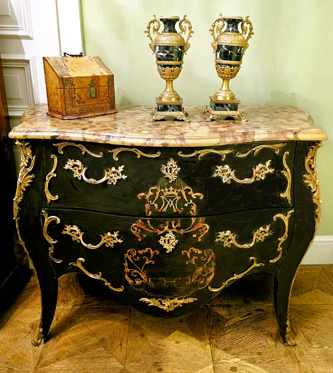 Louis XV Chest Of Drawers, Circa 1750; Black Lacquer With A Noble Coat Of Arms In A Cartouche
