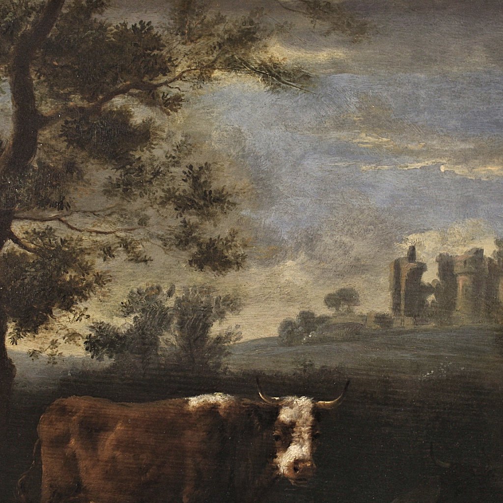Dirck van Bergen 1645-1690  Pastorale  Huile sur panneau  - Provenance : Commerce de l'art D. Katz, Dieren, 1930    -photo-1