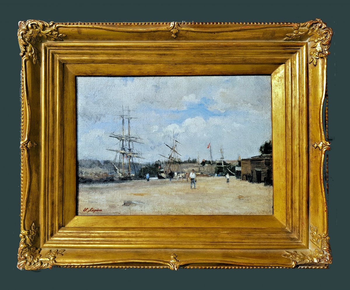 Stanislas Lépine (1835-1892)     Le Port De Rouen     Huile Sur Toile (sur Tableau Noir)     22