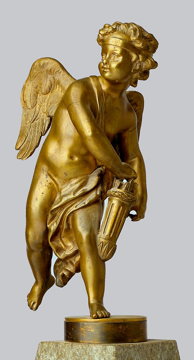 Amor Empire Vers 1825  Bronze Patiné Sur Socle De Marbre  H. 50 Cm -photo-4