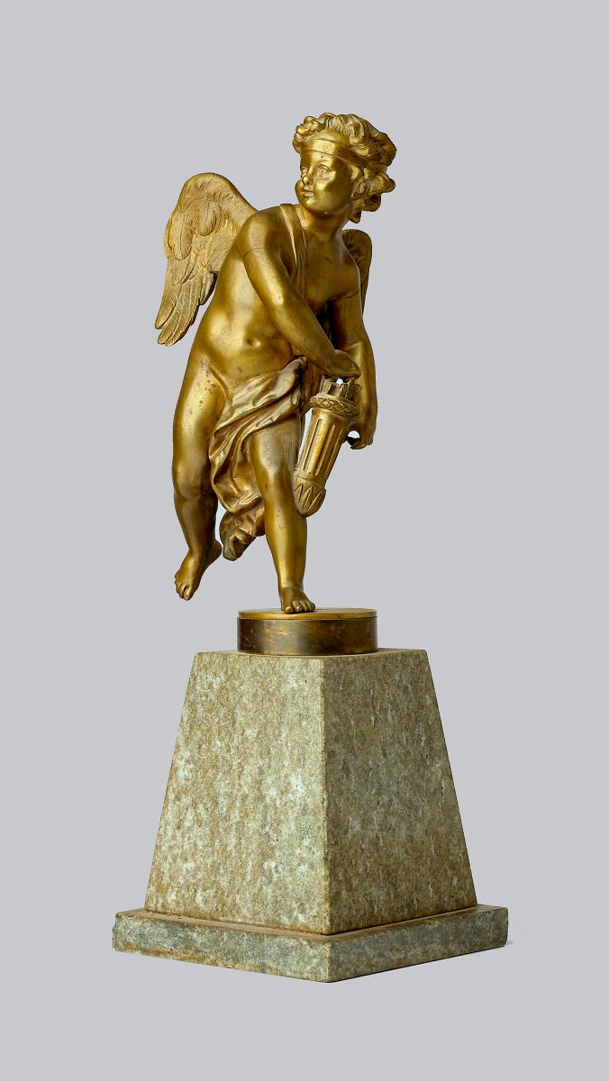 Amor Empire Vers 1825  Bronze Patiné Sur Socle De Marbre  H. 50 Cm 