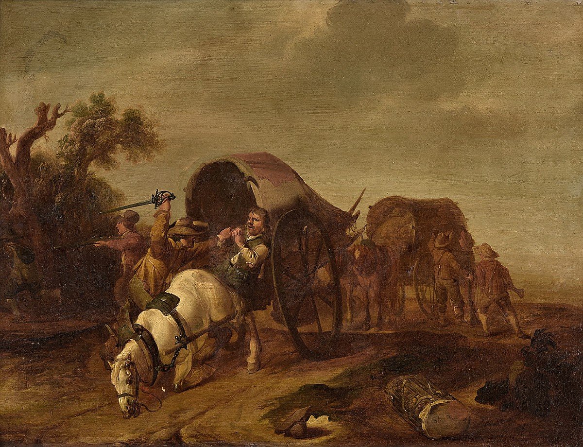 Jan Van Der Stoffe 1611 Leyde - 1682 Leyde  l'Attaque Des Maraudeurs  Signé Et Indistinctement -photo-2