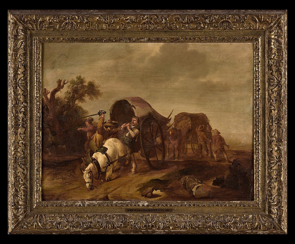 Jan Van Der Stoffe 1611 Leyde - 1682 Leyde  l'Attaque Des Maraudeurs  Signé Et Indistinctement 