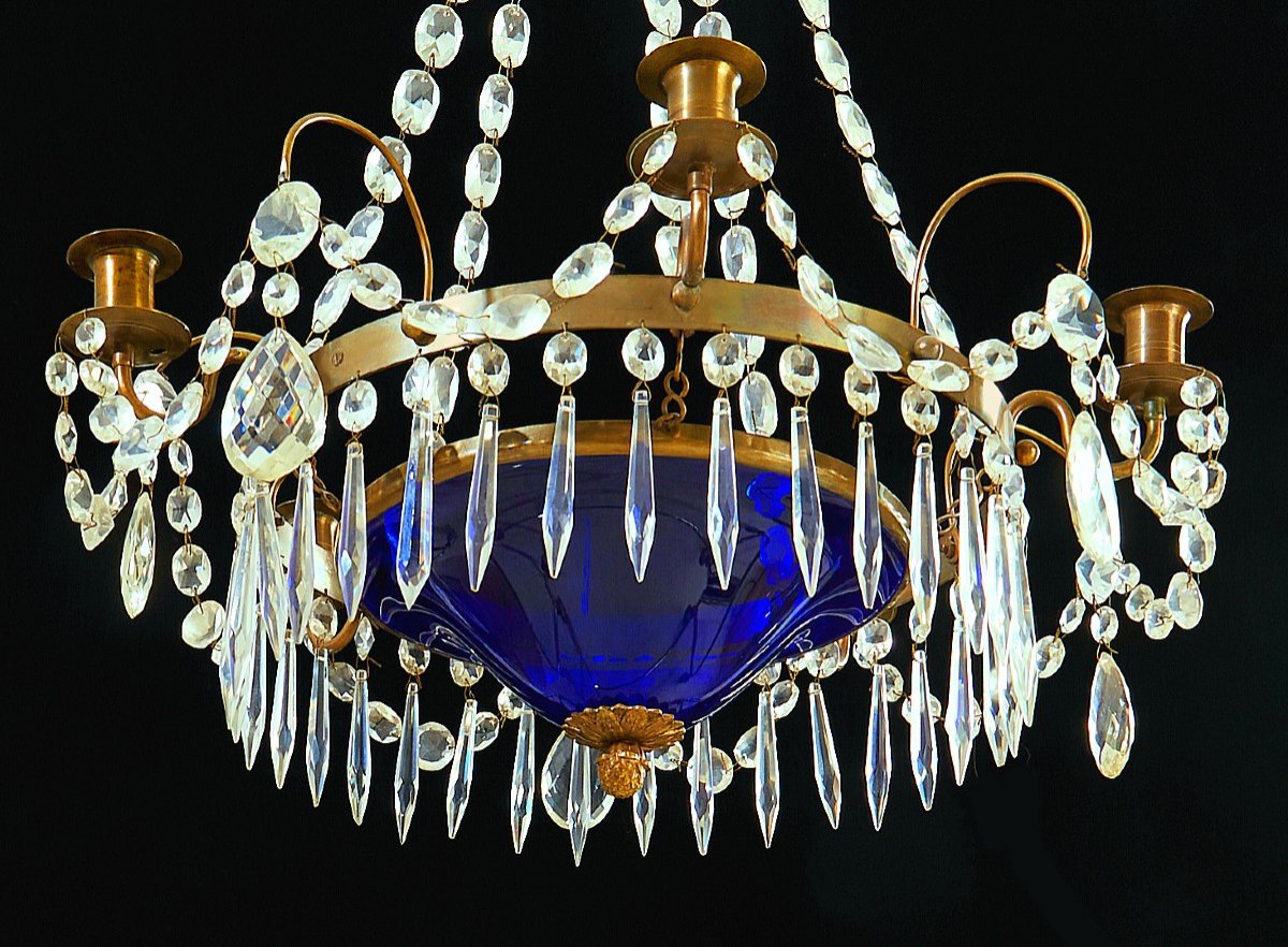 Empire Chandelier Cobalt Glass 19th Century H. 65 Cm, D. 45 Cm 