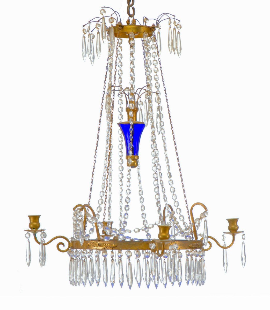 Lustre En Cristal Verre Bleu Cobalt Russie Louis XVI 19ème Siècle.   H. 67 Cm, D. 57 Cm -photo-2