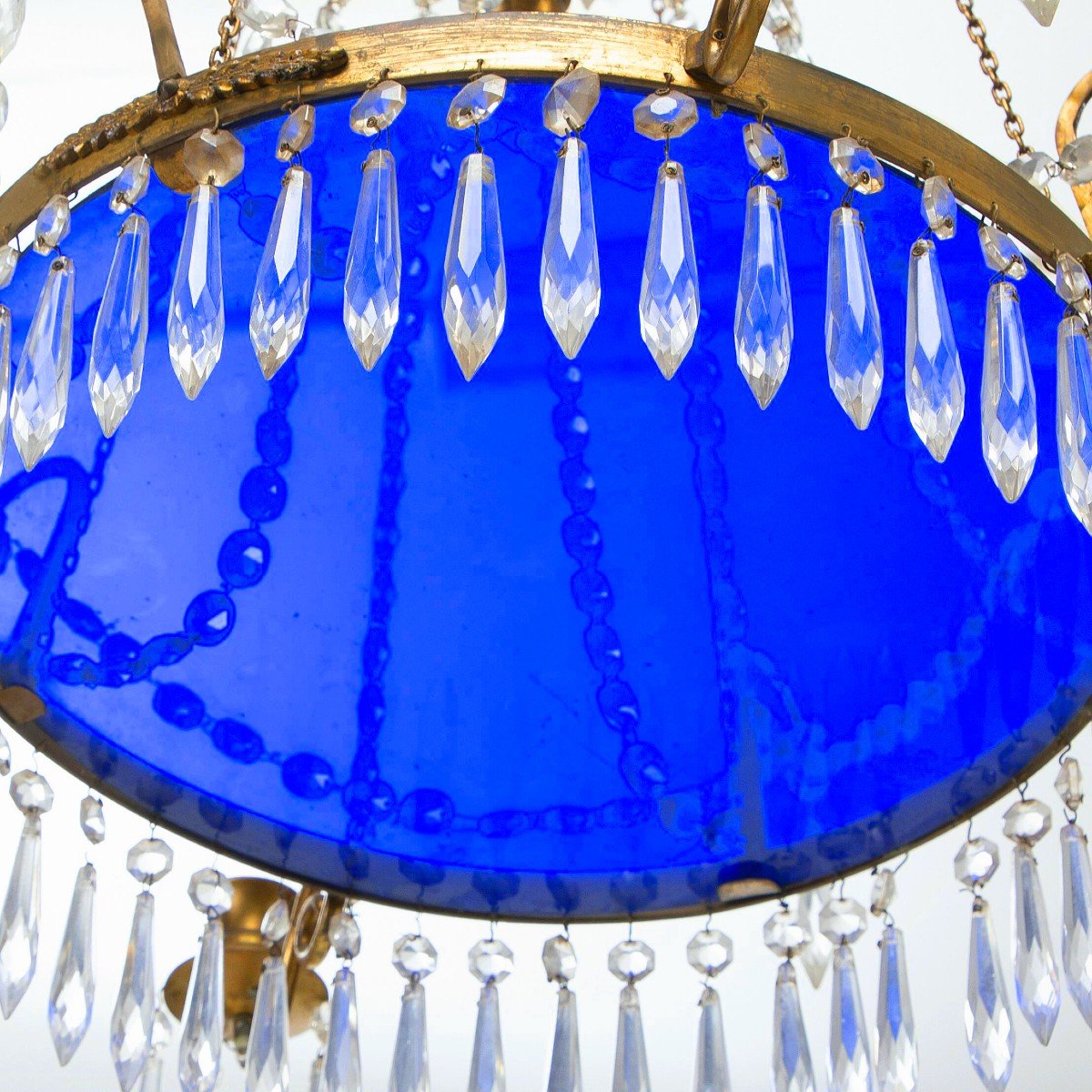 Lustre En Cristal Verre Bleu Cobalt Russie Louis XVI 19ème Siècle.   H. 67 Cm, D. 57 Cm -photo-3