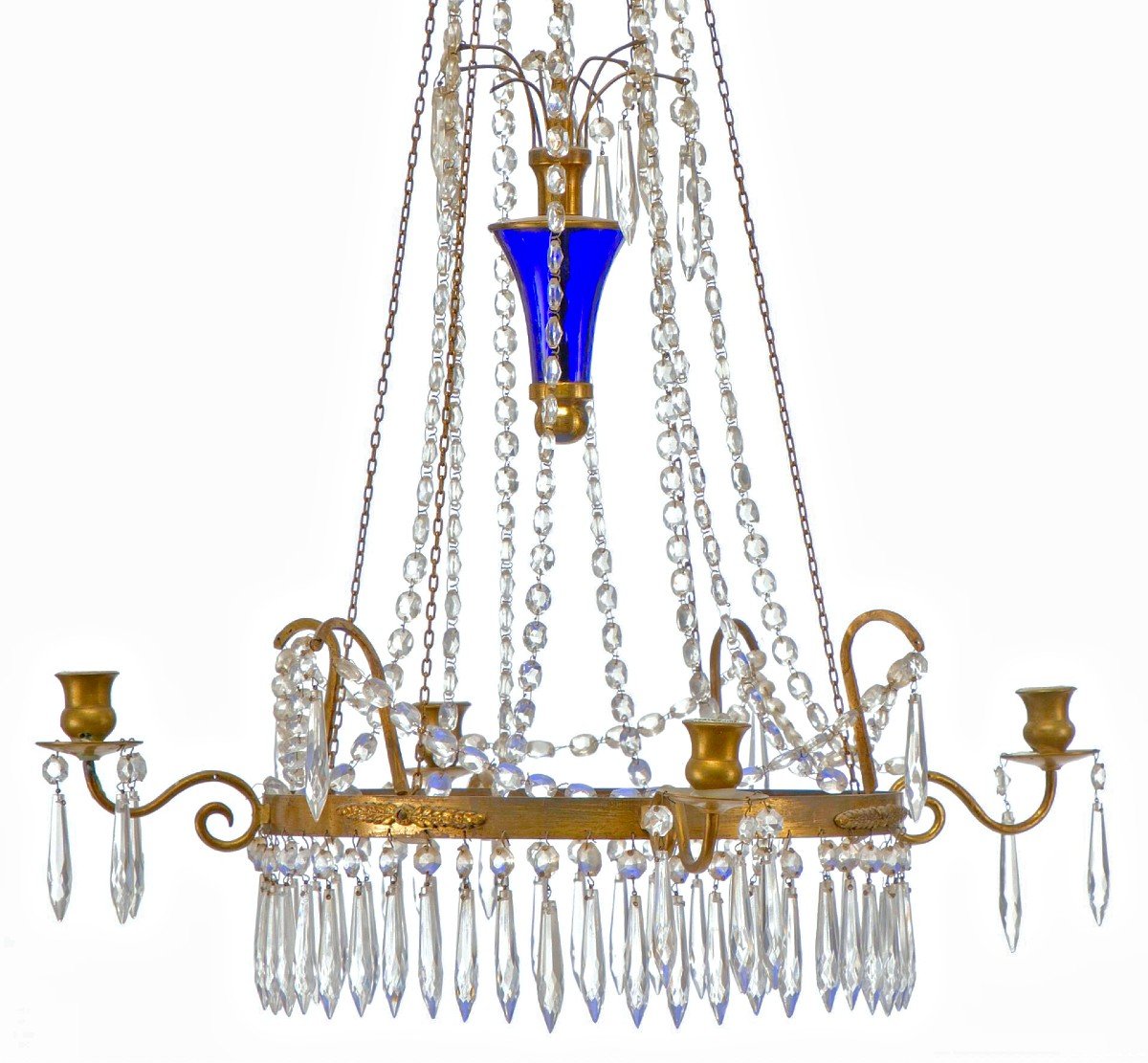 Lustre En Cristal Verre Bleu Cobalt Russie Louis XVI 19ème Siècle.   H. 67 Cm, D. 57 Cm -photo-4
