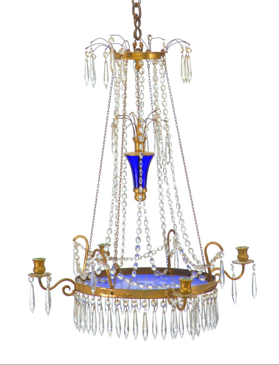 Louis XVI Cobalt Blue Glass Crystal Russian Chandelier 19th Century. H. 67 Cm, D. 57 Cm