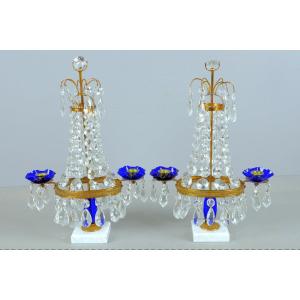 Pair Of Candelabra Bodies In Cobalt Blue Glass Sweden Louis XVI 19th Century. H. 41 Cm