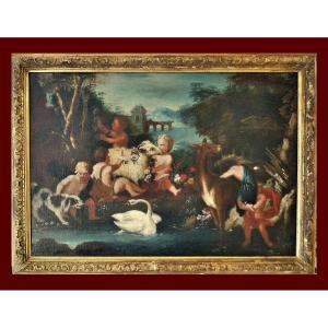 French Master Late 17th C. Putti Playing Oil On Canvas 61 X 85 Cm