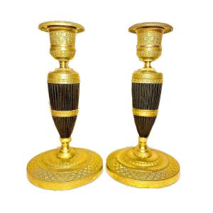 Empire Pair Candlesticks Circa 1820 H. 17.5 Cm Gilt Bronze