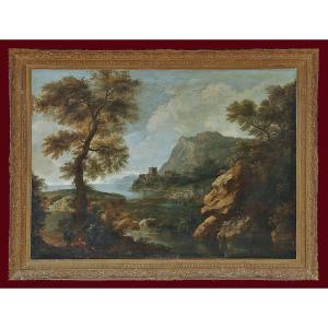 Jean-françois Millet I 1642-1679 Attr.  Paysage Italien Avec Randonneurs Au Repos 