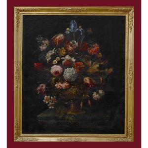 17th Century Spanish Master. Still Life With Flowers Oil On Canvas