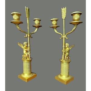 Candelabras Girandoles Empire Circa 1800 H. 36.5 Cm Sitting Putti