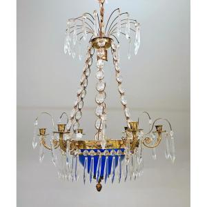 19th Century Empire Chandelier. Cobalt Blue Glass H.60 Cm, D.46 Cm