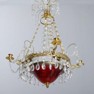 Lustre Empire 19ème Siècle Verre Rubis  60x50 Cm  électrifié