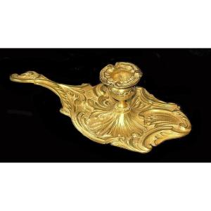 Bougeoir Veilleuse Louis XV  Bronze Doré   L. 24 Cm, H. 6,8 Cm, P. 11,7 Cm