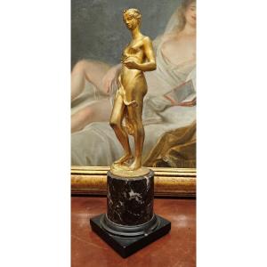 Diana Sculpture In Gilded Bronze On Empire Marble Column Circa 1810 H. 33.5 Cm