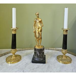 Diana Sculpture In Gilded Bronze On Empire Marble Column Circa 1810 H. 33.5 Cm