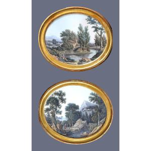 Jean-baptiste Pourcelly Active From 1791 To 1802 A Pair Of Landscapes Gouache Signed