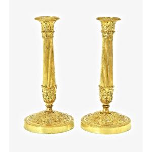 Empire Style Candlesticks Circa 1820, 24 Cm High, Gilt Bronze