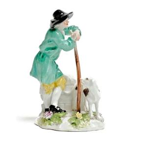 Meissen Porcelain Shepherd With Dog Circa 1750 Crossed Swords Mark 