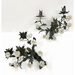Louis XV Wall Sconces With White Meissen Porcelain Flowers, Circa 1750