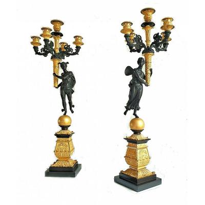 Pair Of Empire Candelabra Circa 1810 Mercury And Psyche H. 66 Cm, Br. 20 Cm, P. 20 Cm