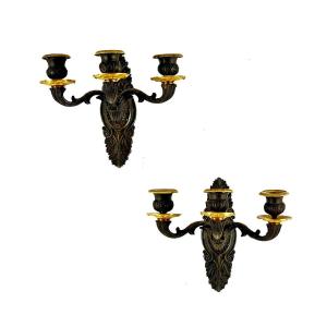 Paar Restoration Sconces Circa 1830 18 X 18 Cm Patinated Sconces With Gilded Bronzes