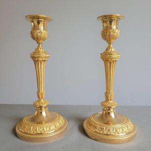 Candlesticks Louis XVI Around 1770 Stamped Jb H. 20.4 Cm, D. 9.4 Cm Brecourt Bronzier