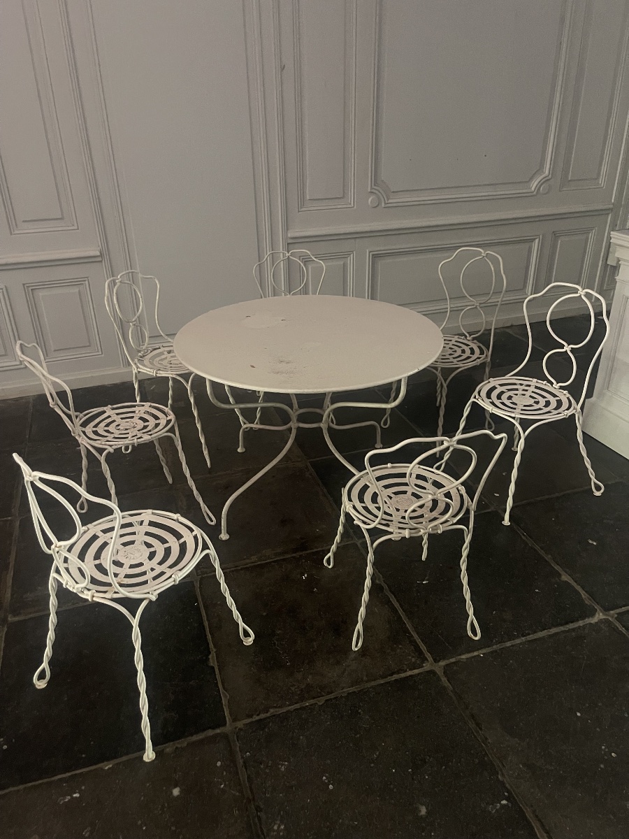 Rare série de 14 chaise Vachon en fer torsadé 