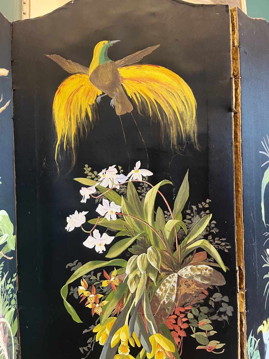 1900 Silk Screen Painted With Exotic Birds-photo-1
