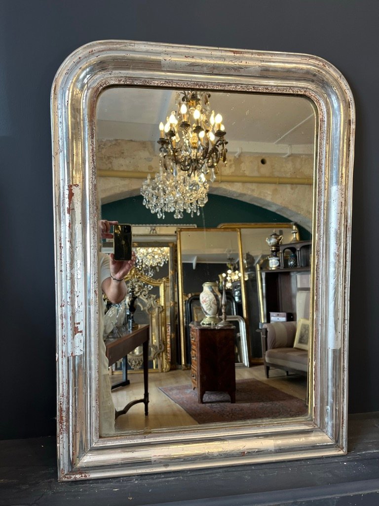 Silver-finished Louis Philippe Mirror, 87 X 63 Cm-photo-2