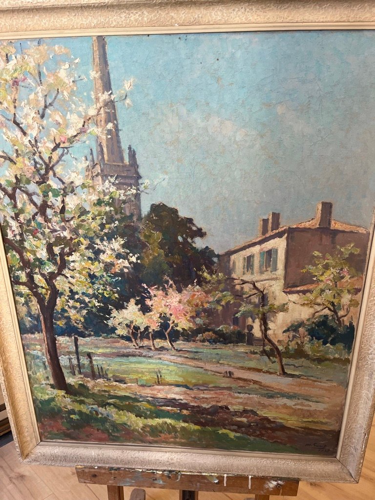 Louis Marius Gueit: Village Scene In Spring, Oil On Canvas -photo-2