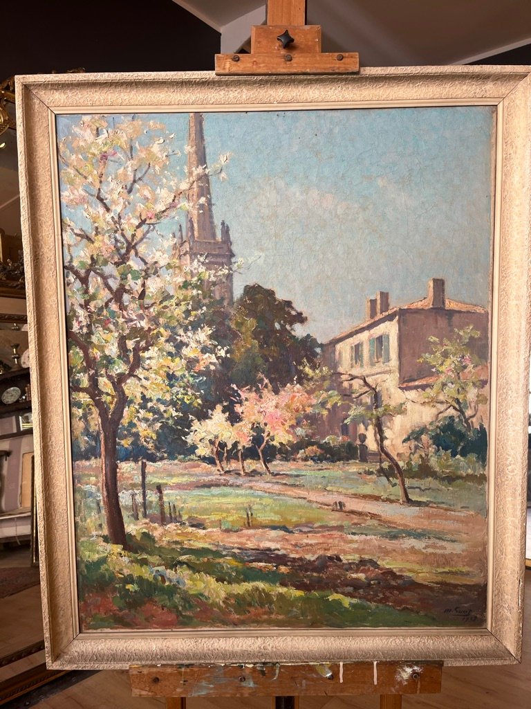 Louis Marius Gueit: Village Scene In Spring, Oil On Canvas 