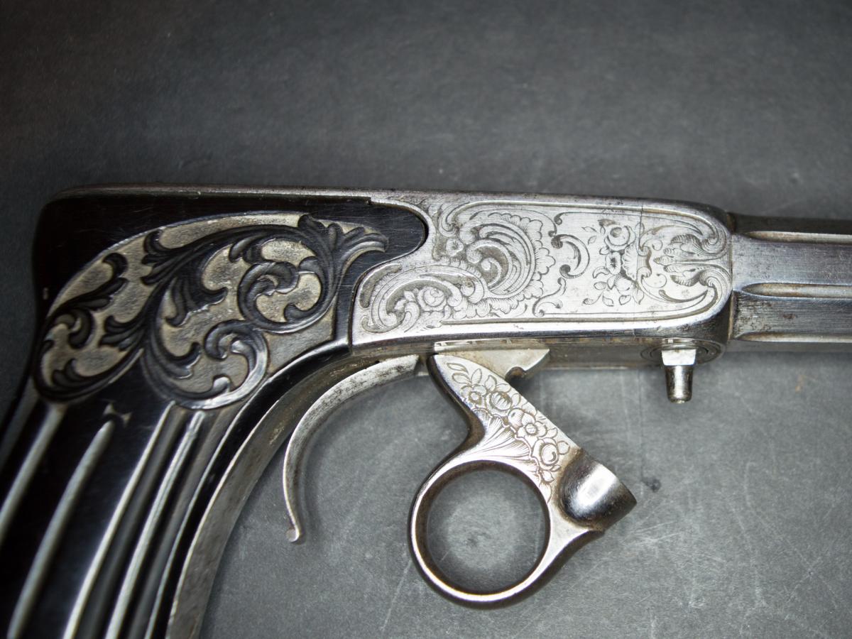 Rare Pistolet De Luxe Cusson Et Rossignol à Percussion Par En Dessous. Canon Rond à Bourrelet -photo-3