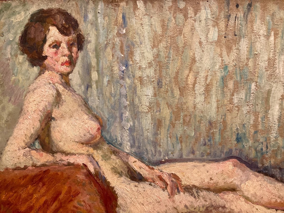 Nude From The 1940s. Oil On Cardboard Unsigned.-photo-2